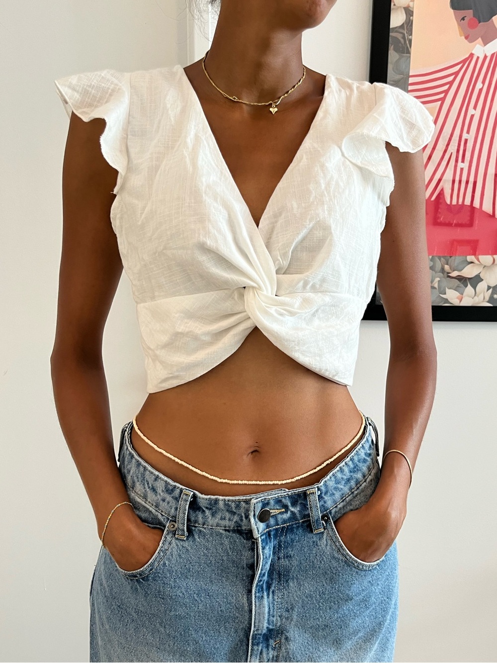 White Twist-Front Crop Top with Ruffle Sleeves Small